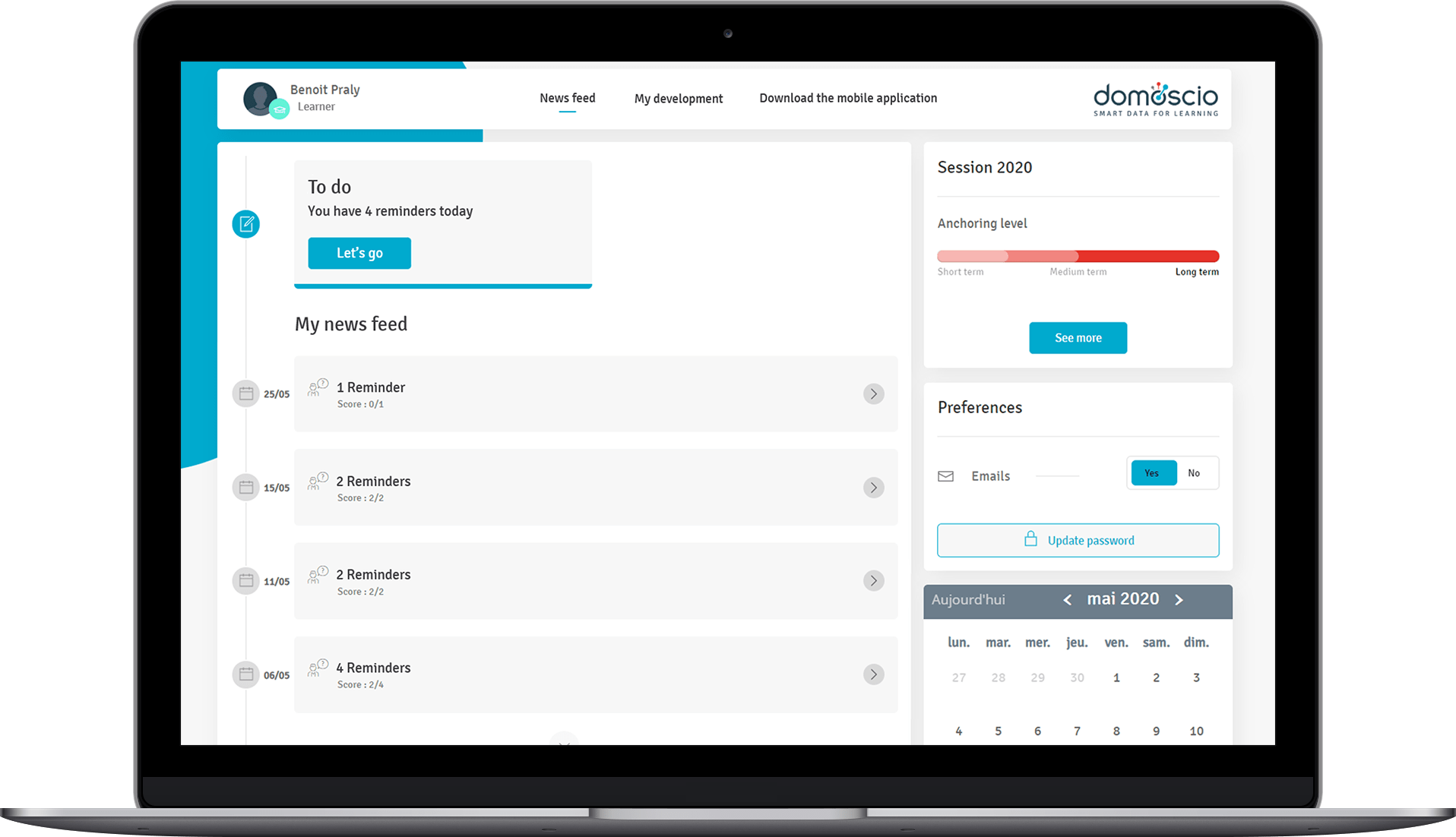 A screenshot of the learner's dashboard on desktop